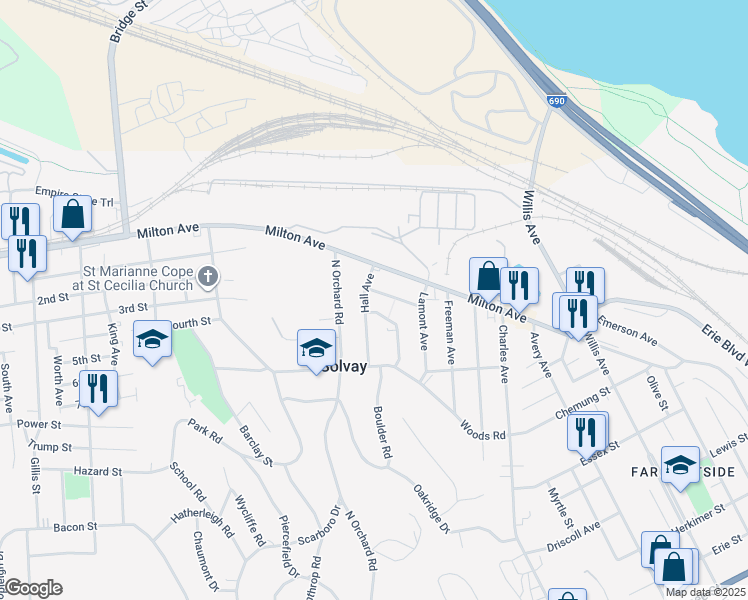 map of restaurants, bars, coffee shops, grocery stores, and more near 221 William Street in Solvay