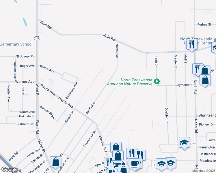 map of restaurants, bars, coffee shops, grocery stores, and more near 392 North Avenue in North Tonawanda