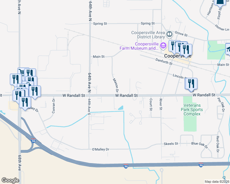 map of restaurants, bars, coffee shops, grocery stores, and more near 675 West Randall Street in Coopersville