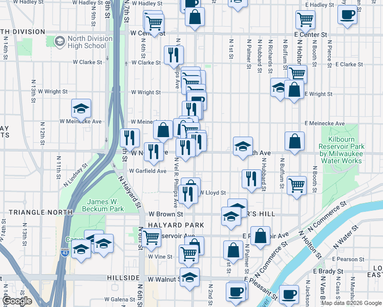 map of restaurants, bars, coffee shops, grocery stores, and more near in Milwaukee