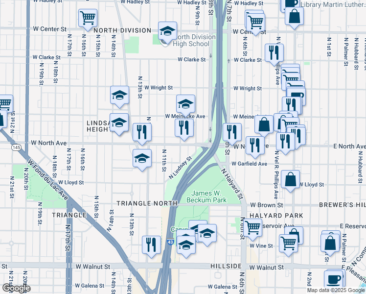 map of restaurants, bars, coffee shops, grocery stores, and more near in Milwaukee