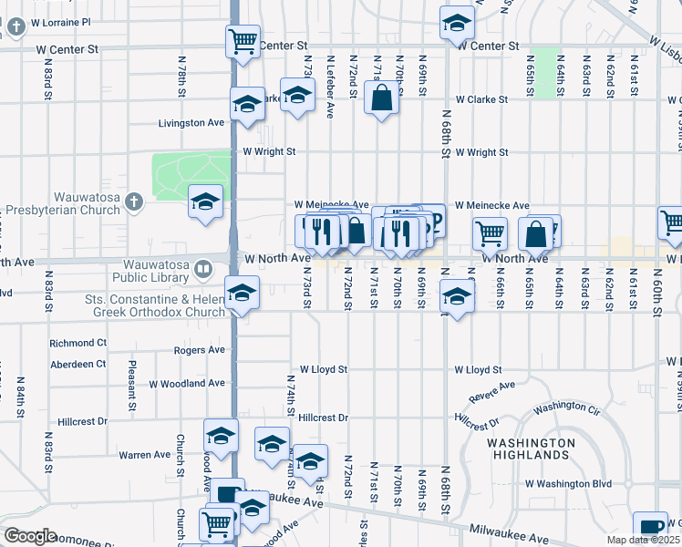 map of restaurants, bars, coffee shops, grocery stores, and more near 2272 North 72nd Street in Wauwatosa
