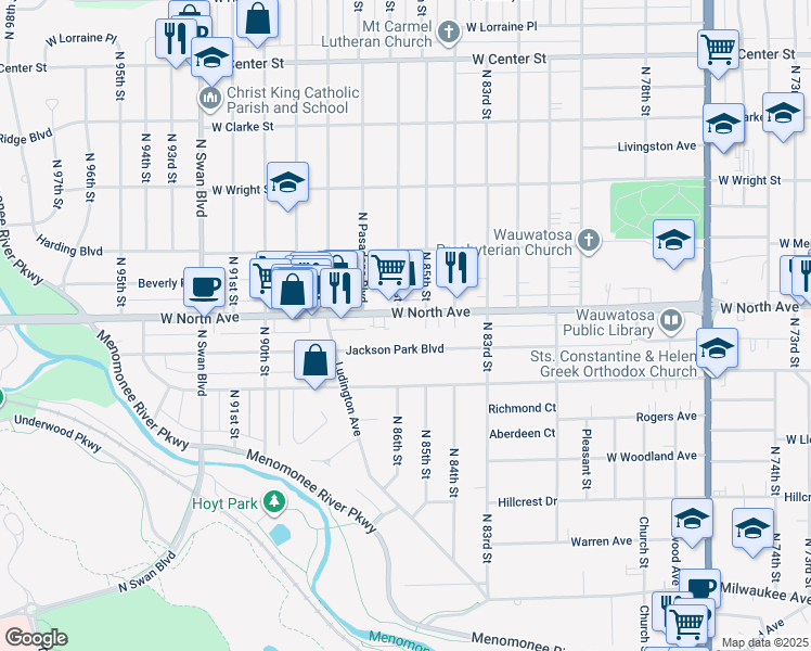 map of restaurants, bars, coffee shops, grocery stores, and more near 8611 West North Avenue in Wauwatosa