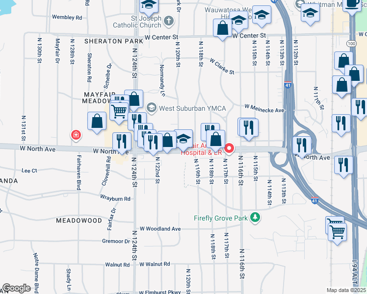 map of restaurants, bars, coffee shops, grocery stores, and more near 11904 West North Avenue in Wauwatosa