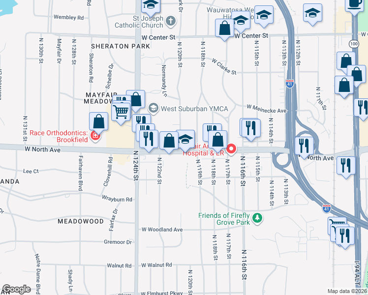 map of restaurants, bars, coffee shops, grocery stores, and more near 11904 West North Avenue in Wauwatosa