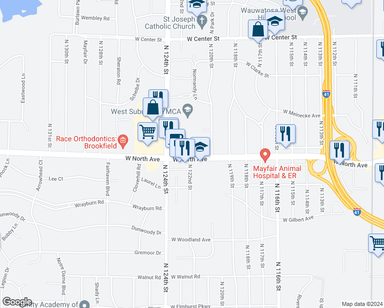 map of restaurants, bars, coffee shops, grocery stores, and more near 12210 West North Avenue in Wauwatosa