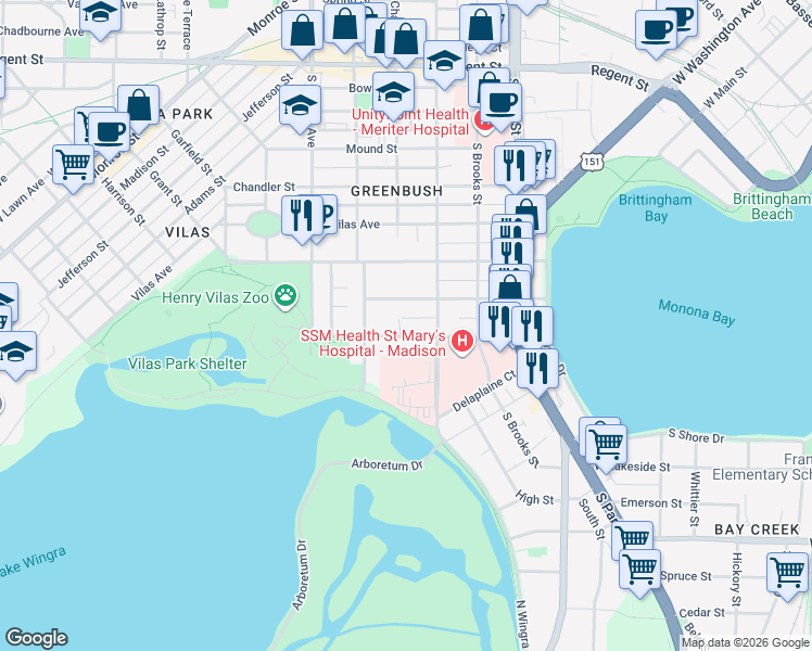 map of restaurants, bars, coffee shops, grocery stores, and more near 1143 Emerald Street in Madison