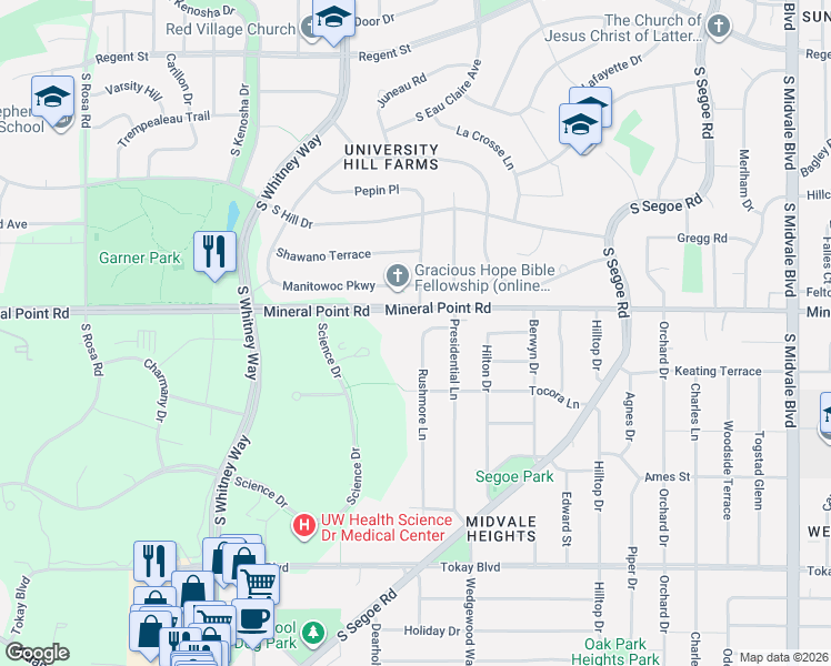 map of restaurants, bars, coffee shops, grocery stores, and more near 5103 Mineral Point Road in Madison