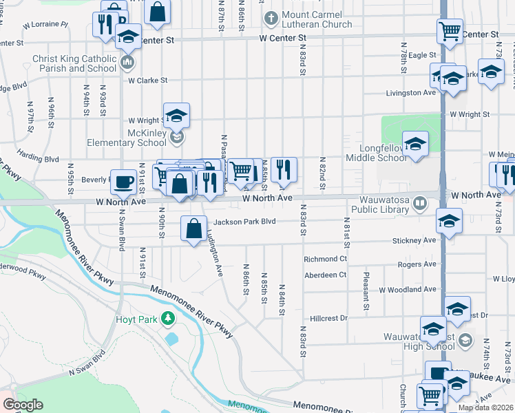 map of restaurants, bars, coffee shops, grocery stores, and more near 8513 West North Avenue in Wauwatosa