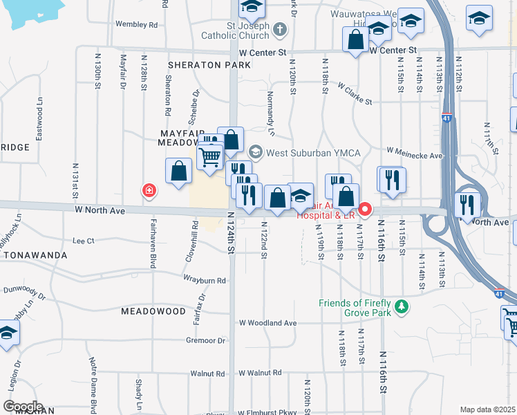 map of restaurants, bars, coffee shops, grocery stores, and more near 12210 West North Avenue in Wauwatosa