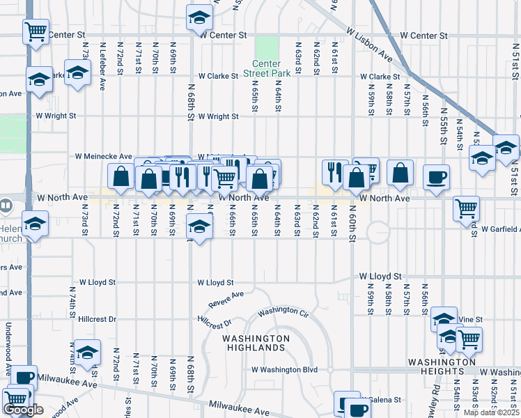 map of restaurants, bars, coffee shops, grocery stores, and more near in Wauwatosa