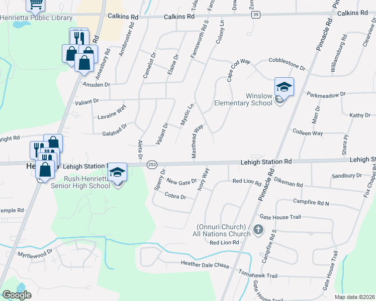 map of restaurants, bars, coffee shops, grocery stores, and more near 246 Mystic Lane in Rochester