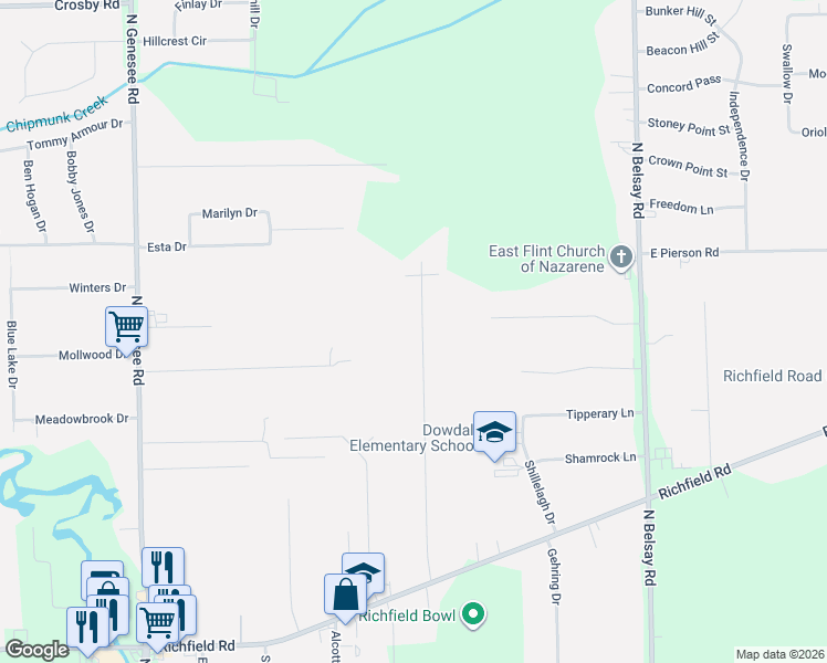 map of restaurants, bars, coffee shops, grocery stores, and more near 3455 Mills Acres Street in Flint
