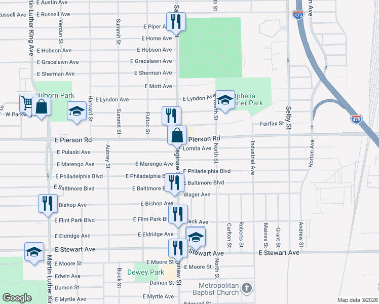 map of restaurants, bars, coffee shops, grocery stores, and more near 729 Lomita Avenue in Flint
