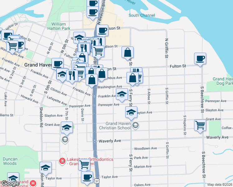 map of restaurants, bars, coffee shops, grocery stores, and more near 1028 Washington Avenue in Grand Haven
