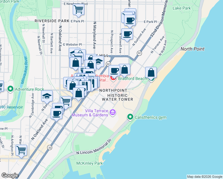 map of restaurants, bars, coffee shops, grocery stores, and more near 2380 East North Avenue in Milwaukee