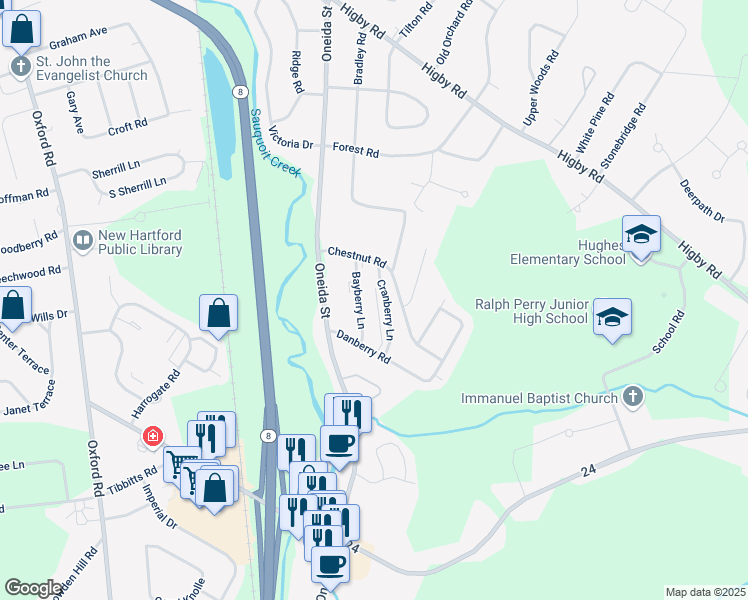 map of restaurants, bars, coffee shops, grocery stores, and more near 43 Cranberry Lane in New Hartford