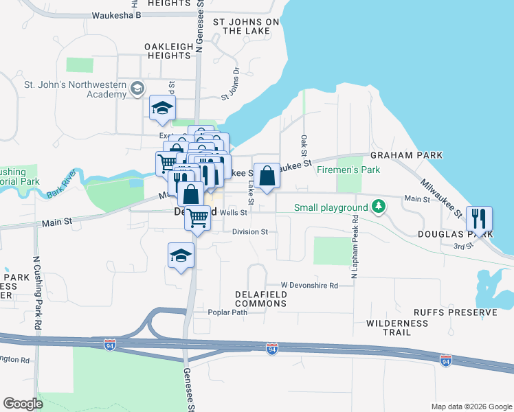 map of restaurants, bars, coffee shops, grocery stores, and more near 730 Main Street in Delafield