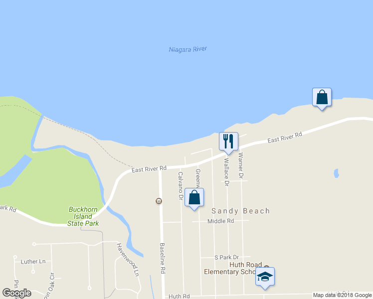 map of restaurants, bars, coffee shops, grocery stores, and more near 5695 East River Road in Grand Island