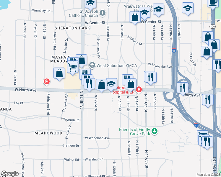 map of restaurants, bars, coffee shops, grocery stores, and more near 11904 West North Avenue in Wauwatosa