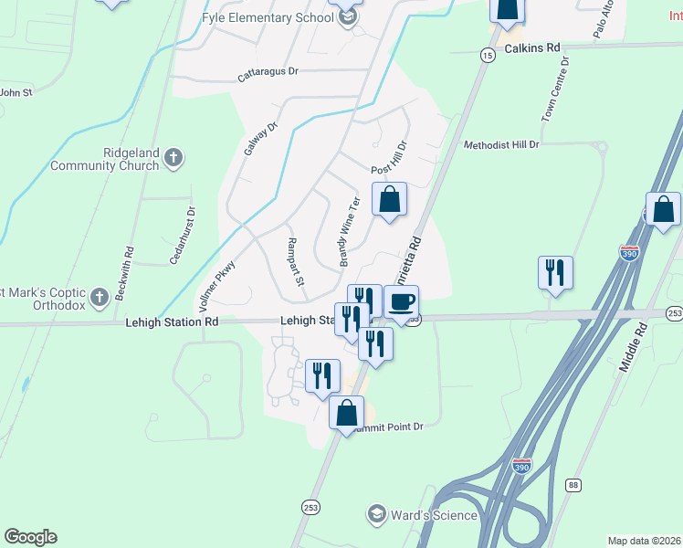 map of restaurants, bars, coffee shops, grocery stores, and more near 16 Brandy Wine Terrace South in Rochester