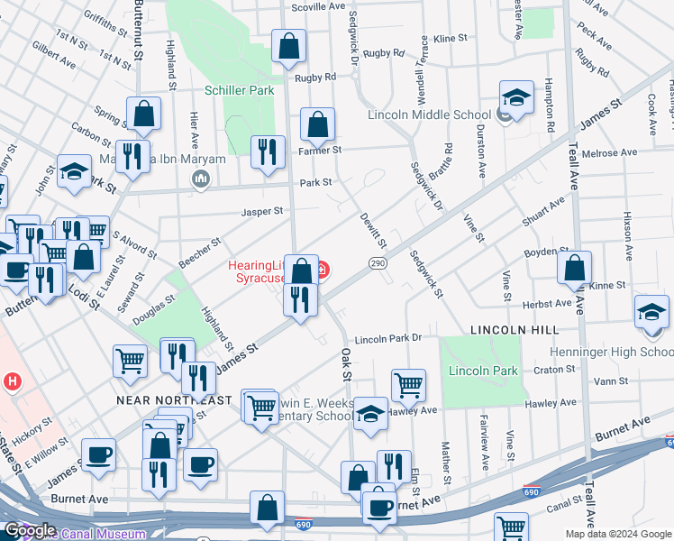 map of restaurants, bars, coffee shops, grocery stores, and more near 1025 James Street in Syracuse