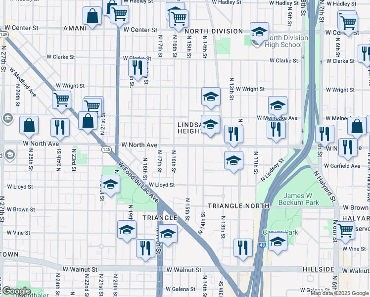 map of restaurants, bars, coffee shops, grocery stores, and more near 1426 West North Avenue in Milwaukee