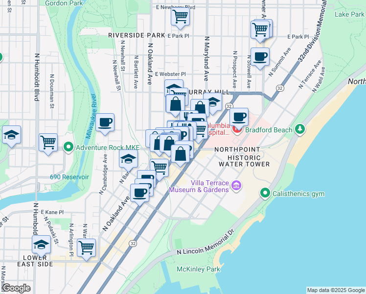map of restaurants, bars, coffee shops, grocery stores, and more near 2022 East North Avenue in Milwaukee