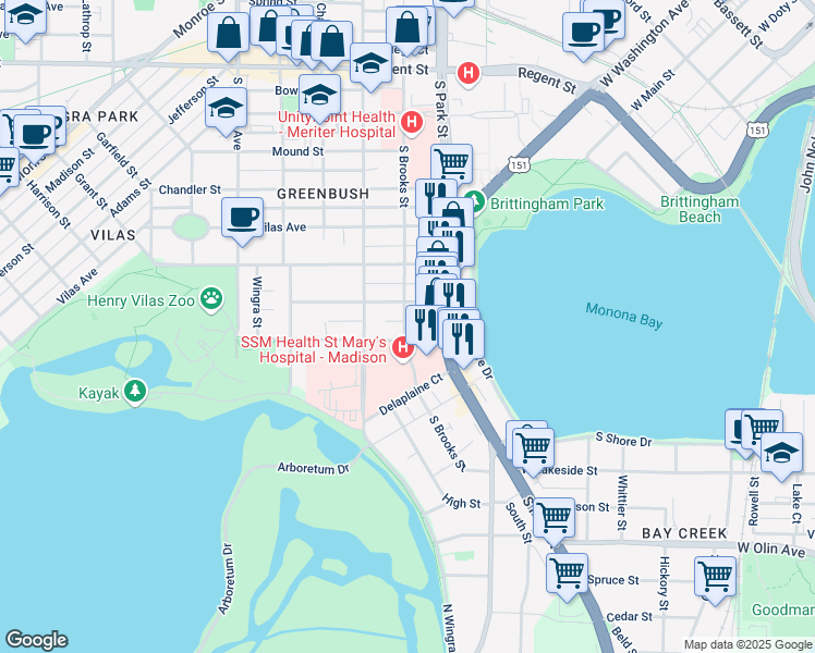 map of restaurants, bars, coffee shops, grocery stores, and more near 619 South Brooks Street in Madison