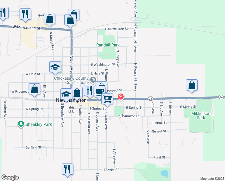 map of restaurants, bars, coffee shops, grocery stores, and more near 262 East Prospect Street in New Hampton