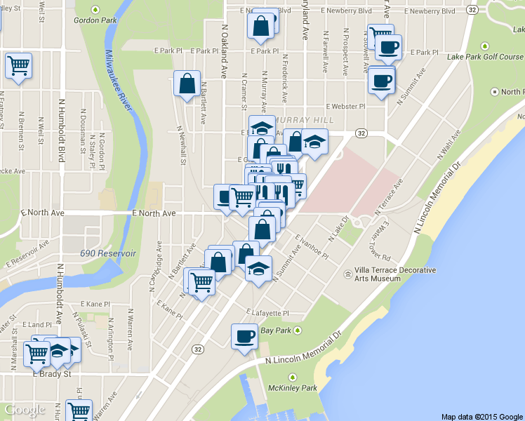 map of restaurants, bars, coffee shops, grocery stores, and more near 2313 North Murray Avenue in Milwaukee