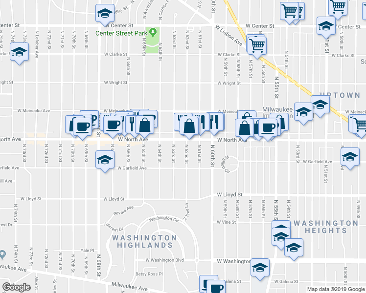 map of restaurants, bars, coffee shops, grocery stores, and more near 2265 North 62nd Street in Wauwatosa