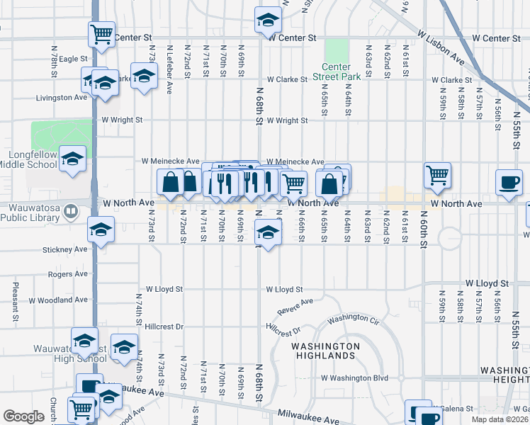 map of restaurants, bars, coffee shops, grocery stores, and more near 6733 West North Avenue in Wauwatosa