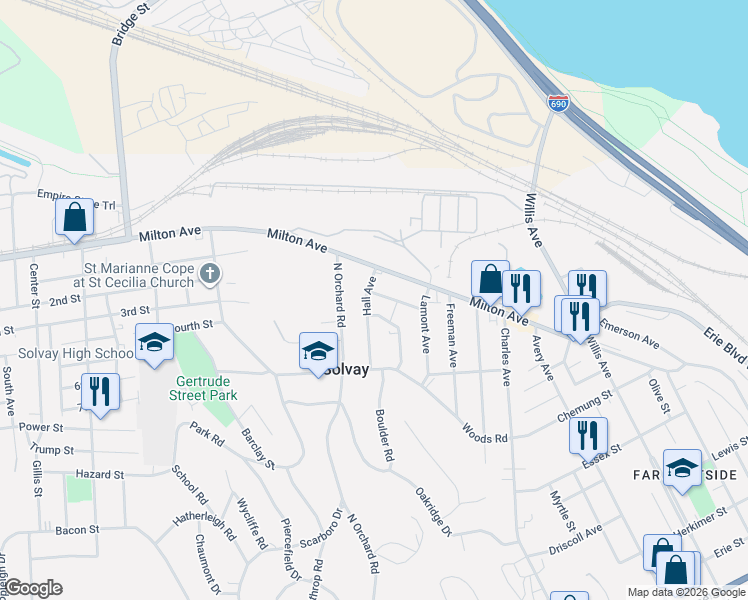 map of restaurants, bars, coffee shops, grocery stores, and more near 221 William Street in Solvay