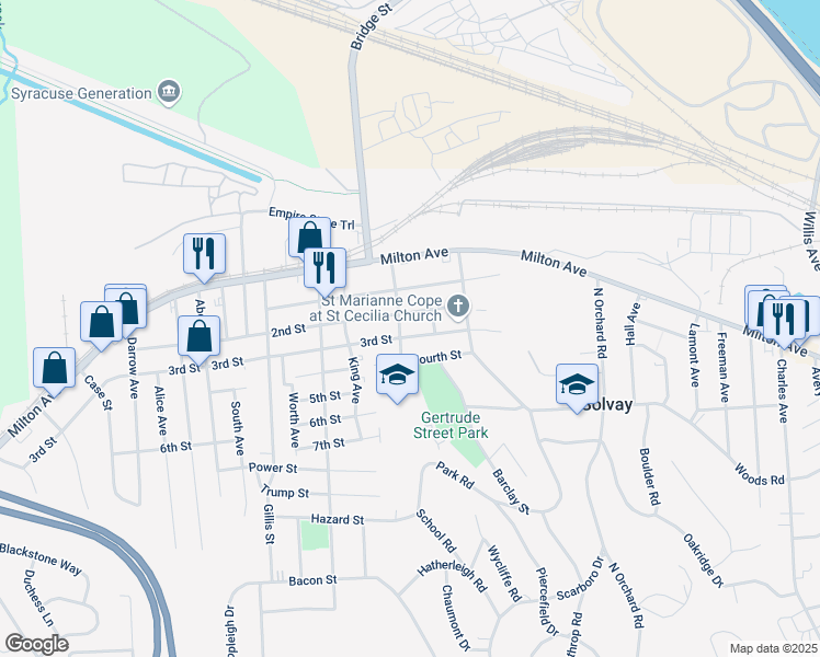 map of restaurants, bars, coffee shops, grocery stores, and more near 205 2nd Street in Syracuse