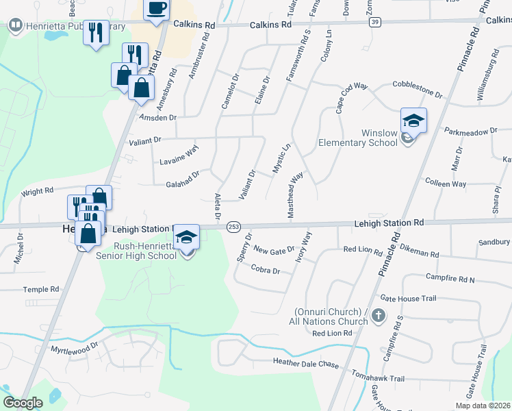 map of restaurants, bars, coffee shops, grocery stores, and more near 260 Valiant Drive in Rochester