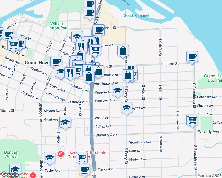map of restaurants, bars, coffee shops, grocery stores, and more near 944 Washington Avenue in Grand Haven