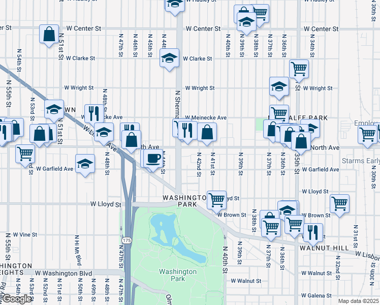 map of restaurants, bars, coffee shops, grocery stores, and more near 4221 West North Avenue in Milwaukee