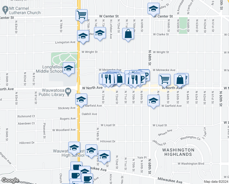 map of restaurants, bars, coffee shops, grocery stores, and more near 2272 North 72nd Street in Wauwatosa