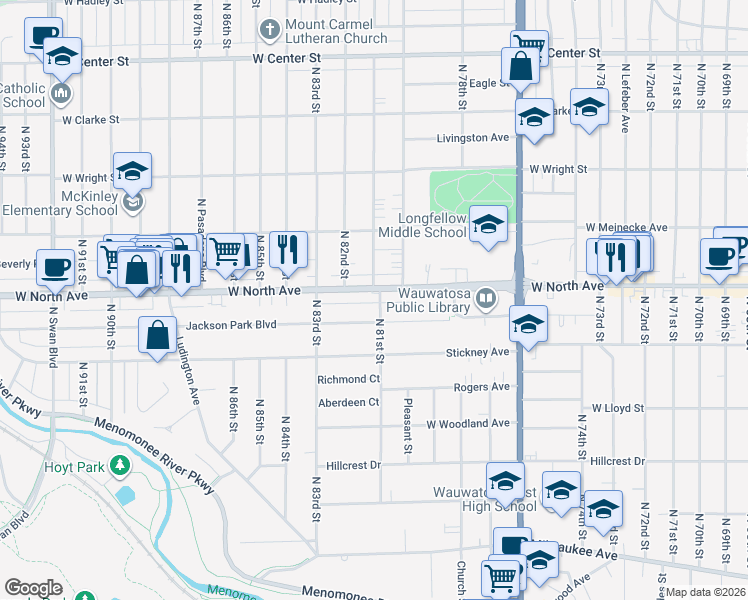 map of restaurants, bars, coffee shops, grocery stores, and more near 8117 West North Avenue in Wauwatosa