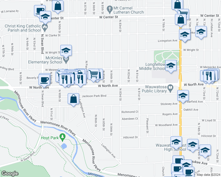 map of restaurants, bars, coffee shops, grocery stores, and more near 8333 West North Avenue in Wauwatosa