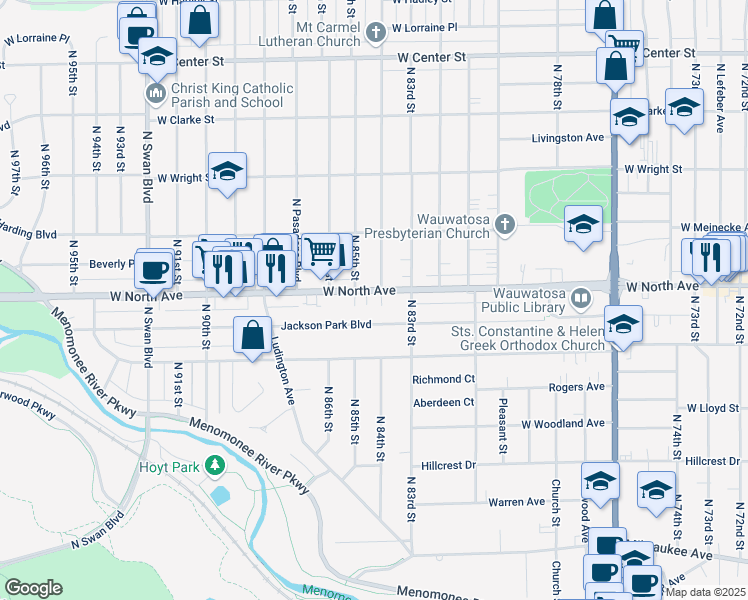 map of restaurants, bars, coffee shops, grocery stores, and more near 8420 West North Avenue in Wauwatosa