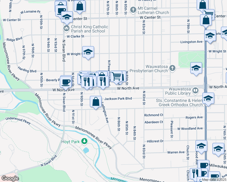 map of restaurants, bars, coffee shops, grocery stores, and more near 8611 West North Avenue in Wauwatosa