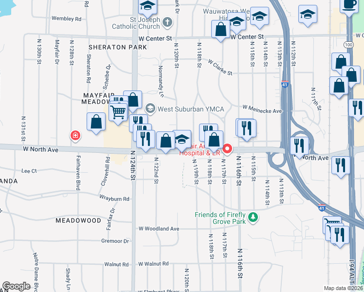 map of restaurants, bars, coffee shops, grocery stores, and more near 11904 West North Avenue in Wauwatosa