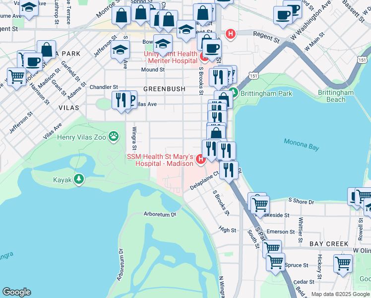 map of restaurants, bars, coffee shops, grocery stores, and more near 612 South Mills Street in Madison