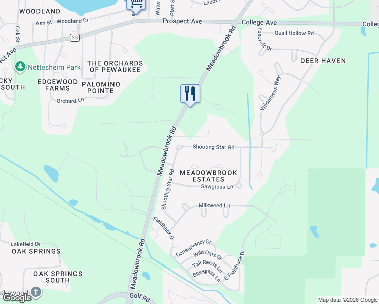 map of restaurants, bars, coffee shops, grocery stores, and more near W268N2220 Shooting Star Road in Pewaukee
