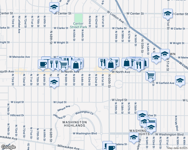 map of restaurants, bars, coffee shops, grocery stores, and more near 2267 North 62nd Street in Wauwatosa
