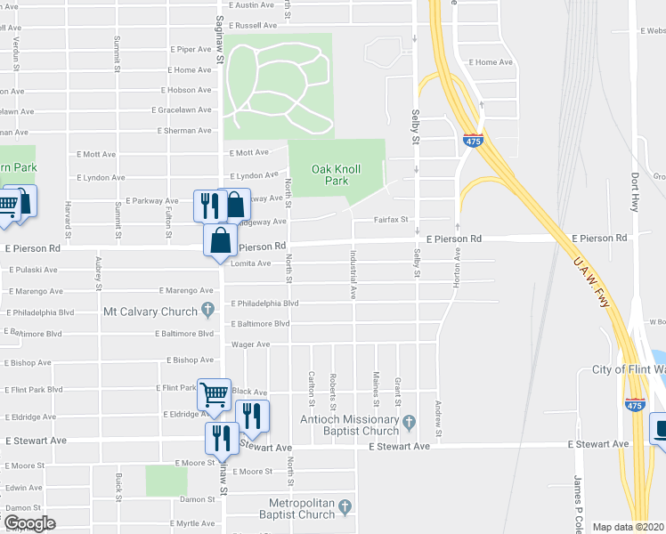 map of restaurants, bars, coffee shops, grocery stores, and more near 926 Lomita Avenue in Flint