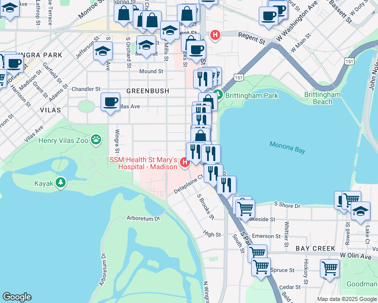 map of restaurants, bars, coffee shops, grocery stores, and more near 613 South Brooks Street in Madison