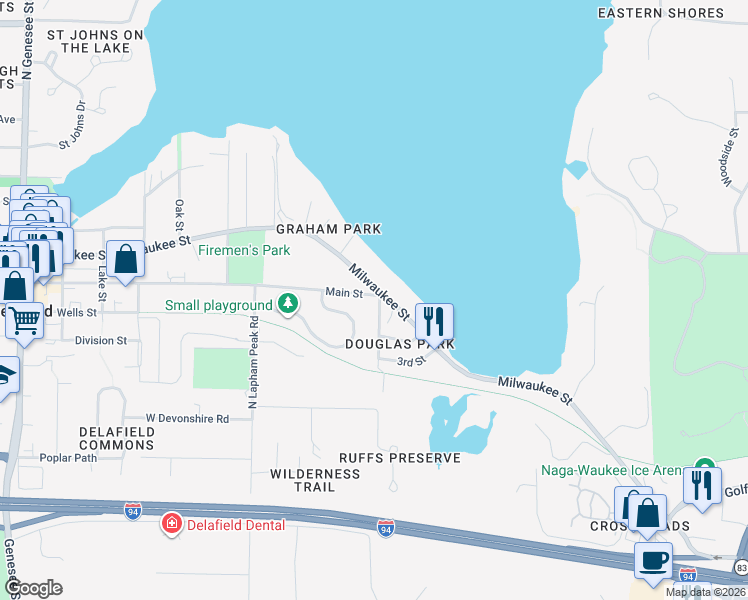 map of restaurants, bars, coffee shops, grocery stores, and more near 1451 Main Street in Delafield
